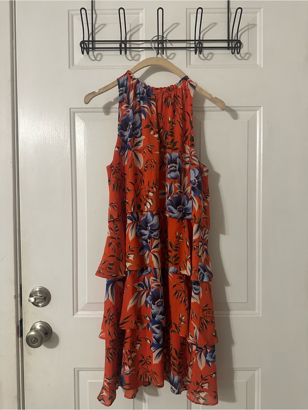 LOFT Orange Halter Tiered Floral Midi Dress